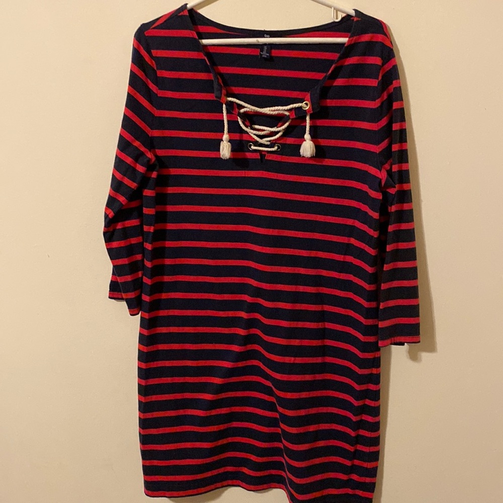 Gap navy/red nautical stripe knee length dress with rope tie neck SL